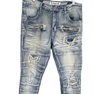 RGSTR Mens Distressed Biker Jeans Light Wash Moto Slim Fit Ripped Denim Size 34